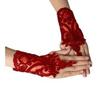 Qsvbeeqj Guanti in pizzo gotico vintage fatti a mano con corda regolabile accessori da polso da sposa per donna vestire guanti da sposa lunghi pizzo da sposa per matrimonio corto senza dita, Rosso