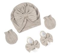 Qsvbeeqj Set di morbidi cappellini per cofano per bambini, turbante per ospedale, asilo nido, muffole, fiocco, fascia per capelli, per neonati da 0 a 3 mesi, colore neutro, Marrone chiaro, Taglia