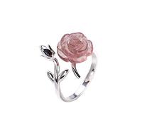 QSYJCCXD 925 anello di fiori di rosa di cristallo di fragole naturale argento