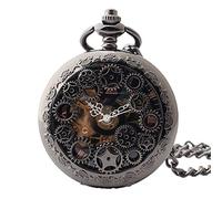 QSYJCCXD Doppia copertura in bronzo numeri romani quadrante scheletro uomo orologio tascabile