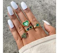 QSYJCCXD Sweet Double Love Oil Drip Anelli set di 4 anelli di peach multistrato verde