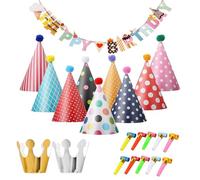 QSZHSL 22 Pezzi Cappellini Festa Compleanno, Partito Trombette Fischietto Decor Festa, Striscioni di Buon Compleanno, Cappellino in Carta con Corona,per Bambini Adulto Feste di Compleanno