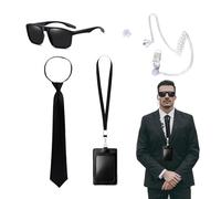 QSZHSL 5 accessori per costume da agente, set di accessori per agenti, servizi segreti, costume da spia, accessorio per costume con occhiali da sole, cravatta, porta carte di credito, Earpiece Tubo,