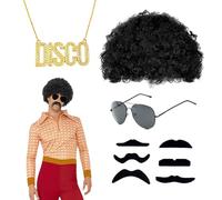 QSZHSL 9 Pezzi Ensemble de Costume Hippie, Parrucca Afro, Set di Costumi Hippie, Deguisement Annee 80 Homme, Lunettes de Soleil, Fausses Moustaches Auto Adhésives, per Feste, Carnevale, Halloween