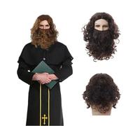 QSZHSL Parrucca e Barba Gesù, Lunga Ondulati Ricci Parrucca Marrone Cosplay Wizard Mago Barba, Stregone parrucca Vichingo Uomo Con Lunga barba Costumi, per Halloween Carnevale (Marrone)