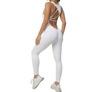 Qszmjo Tuta da allenamento con scollo a V monopezzo per donna palestra schiena scoperta yoga Catsuit Body Butt Lift Ritaglio Sport Pagliaccetti atletici, bianco, Medium