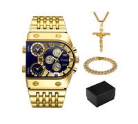 (QT167-7 Set regalo 02) Orologio da polso al quarzo quadrato in oro Oulm da uomo con data automatica,