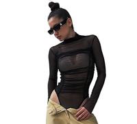 QTANZIQI Autumn Long Sleeve Mesh Slim Bodysuit for Women See Through Bodysuits