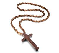 QTANZIQI Collana di Rosario Grande Legno Jesus Cristo Cross Ciondolo con Perle in Legno Catena di Gioielli papà Ragazzo di San Valentino di San Valentino