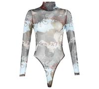 QTANZIQI Colorful Turtleneck Mesh Fabric Transparent Landscape Painting D Graffiti Spring Body for Women Bodysuits