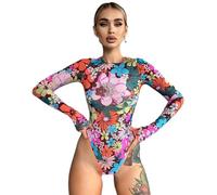 QTANZIQI Floral Print Bodysuit Mesh See-Through Bodysuits Women Autumn Clothes Crew Neck Sheer Tops Y2k Tshirt Party Clubwear