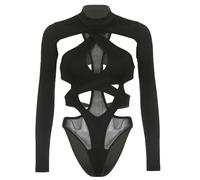 QTANZIQI Goth Cutout Bodysuit Women Long Sleeve High Neck Leotard Tops Sheer Mesh Irregular Hollow out Bodysuit