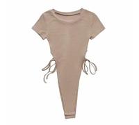 QTANZIQI High-Leg Thong Bodysuit Women's Summer Rib Knit Solid Color Waist Strap Short-Sleeved High-Waist Slim Bodysuit