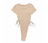 QTANZIQI High-Leg Thong Bodysuit Women's Summer Rib Knit Solid Color Waist Strap Short-Sleeved High-Waist Slim Bodysuit