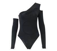 QTANZIQI Hollow out See Through Mesh Bodysuit Women off Shoulder Long Sleeve Skinny T Shirt Gothic Aesthetic Bodysuits