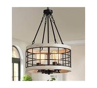 QTANZIQI Lampadario Vintage Rustico a 4 luci a Sospensione Industriale Rustica in Ferro battuto con Finitura in venature del Legno, Catene Regolabili per Isola Cucina, Ingresso, Foyer, Soggiorno e