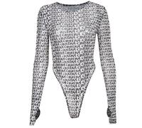 QTANZIQI Letters Print Mesh Sheer Bodysuits See Through Long Sleeve Round Neck Skinny Leotard Tops Women Casual Club Tops