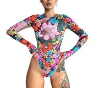 QTANZIQI Mesh See-Through Floral Print Bodysuit Women Multi-Color Colorful Crew Neck Sheer Hot Girls Athleisure Tshirt Lingerie