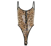QTANZIQI Patchwork Leopard Bodysuit Women Spaghetti Strap Sequined Button Up High Waist Thong Sleeveless Clubwear