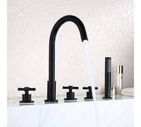 QTANZIQI Rubinetti per Vasca da Bagno Rubinetti per Vasca da Bagno a Tripla Maniglia Montaggio su Ponte Gru per Acqua a 5 Fori Fredda e Calda con doccetta Nero Cromo Oro (Colore : Nero)