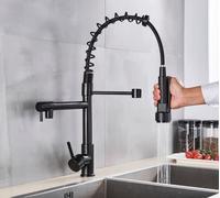 QTANZIQI Rubinetto per lavello da Cucina Nero Opaco, Miscelatore a Molla con Montaggio su Piano a Doppia Bocca per Acqua Calda e Fredda, Cucina Domestica Elegante, persegui la Felicità