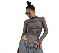 QTANZIQI See Through Lingerie Top Donna Dolcevita Tranparente Manica Lunga Costume Intero Garza Body Feminino Bustier