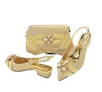 QTANZIQI Set Coordinato con Sandali da Sposa e Borsa da Donna con Tacco Quadrato e Dettaglio Strass Color Oro