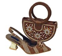 QTANZIQI Set di Scarpe e Borsa Eleganti per Feste di Matrimonio da Donna con Comodo Tacco Medio e Tracolla con Manico in Metallo Marrone