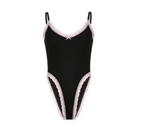 QTANZIQI Spaghetti Strap Lace Trim Bodysuit Women's Summer Backless Sleeveless Slip High Cut Leotard Tops for Night Club