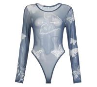 QTANZIQI Spring Printed Bodysuits Women High Waist Mesh Transparent Mock Neck Club Party Trendy Bodycon