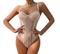 QTANZIQI Suspender Mesh Sheer Bodysuits Women See Through Sleeveless Low Cut Skinny Leotard Tops Backless Sling Bodysuits