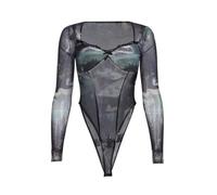 QTANZIQI Vintage Printed Lace Bodysuits See Through Slim Gothic Party Club Clothes Long Sleeve Rompers Women Summer Streetwear