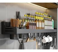 QTANZIQI Wall-Mounted Spice Rack, Hanging Kitchen with Hooks & Towel Holder, Cabinet Storage, Black, 80CM nization Storage Solutions.