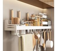 QTANZIQI Wall-Mounted Spice Rack, Kitchen Hanging with Hooks & Towel Holder, 80cm Grey Storage Solution for Cabinets Countertops