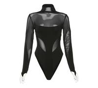 QTANZIQI Wild Women Bodysuit Long Sleeve See Through Skinny Mesh Patchwork Vacation Party Club Streetwear Bodycon Tops