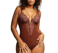 QTANZIQI Women V Neck Lace Bodysuit Tummy Control Thong Shapewear Body Tops Built in Bra Leotard Underwear