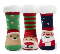 Qterdiz 3 paia di calzini invernali caldi per bambini, per la casa, antiscivolo, per bambini, 2-10 anni, Buon Natale 04, 4-7 Jahre