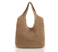 QTKJ - Borsa a tracolla in morbida paglia intrecciata a mano, stile boho, stile retrò, estivo, da spiaggia, in rattan (kaki)