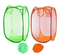 Qtopun, Cesto portabiancheria pieghevole in rete, 2 pezzi, portatile, per la camera da letto, la camera dei bambini, il dormitorio universitario e i viaggi (verde e arancione)