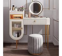 QTTYREV toeletta, tavolo da toeletta con armadietto e cassetto portaoggetti, sgabello imbottito per camera da letto (colore: bianco armadio sinistro,