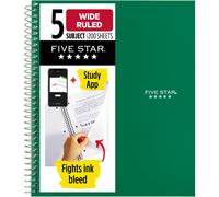 Quaderno a spirale Five Star + App per lo studio, 5 argomenti, carta a righe larghe, anti-sbavatura, copertina resistente all'acqua, 8"""" x 10-1/2