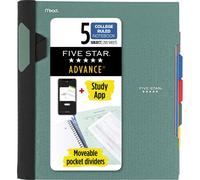 Quaderno a spirale Five Star + App per lo studio, 5 argomenti, carta a righe, quaderno Advance con divisori mobili a linguetta e tasche espandibi