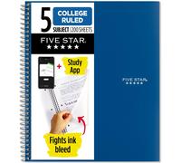 Five Star Quaderno a spirale + app per studio, 5 soggetti, carta a righe universitaria, combatte lo spurgo dell'inchiostro, copertina impermeabile, 200 fogli, blu (73635)