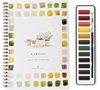 Quaderno di lavoro per acquerelli, 12 colori, set con quaderni per acquerelli, con materiali per principianti, set di libri con pennelli, cartella di lavoro per bambini e adulti (giardino)