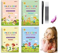 Quaderno di pratica magica set regalo,Pratica del libro di scrittura a mano per bambini scanalata riutilizzabile, quaderno combinato con ricarica penna inglese corsivo (A Set(5 refill))