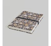 Quaderno formato A5 in cotone nero con motivi color ocra e chiusura a cordoncino.