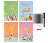 Quaderno riutilizzabile per bambini, 4 quaderni per esercizi di magia in tedesco - scrittura di esercizi, calligrafia e numeri | adesivi per scrittura magica, scrittura a mano ed esercizi di pittura