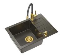 Quadri Kendal Set met Rubinetto da Cucina con Beccuccio Flessibile, Dispenser di Liquidi e Lavello in Granito Antracite Dorato 60x44 cm con Scolapiatti - 1208967838