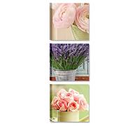 Quadri L&C ITALIA Tris Shabby Chic Provenzali - Quadretti Moderni 25 x 25 Soggiorno Camera da Letto Cucina Bagno Stampa su Tela da Parete con Fiori Rosa e Lavanda