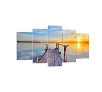 Quadri Moderni Soggiorno Lago natura ponte uccelli Quadro su Tela 160x85cm Stampe da Parete Camera da Letto Cucina Set 5 pezzi Wall Art Canvas Grandi Decorazione Murale Grafica Immagini EA160x85-2402